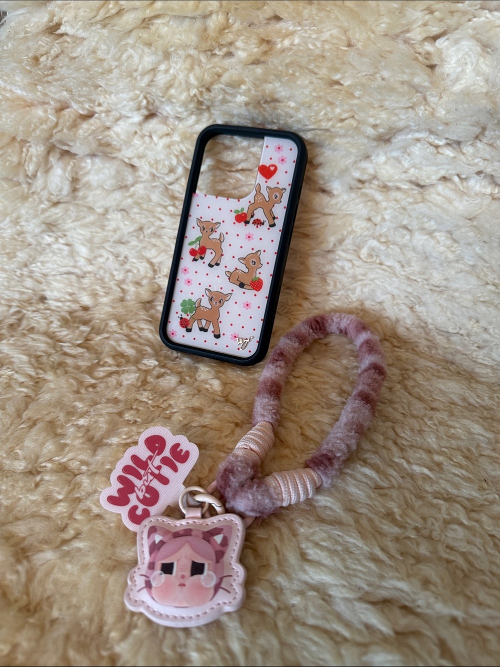 Wildflower baby deer iPhone 16 pro case + popmart crybaby phone wristlet bundle